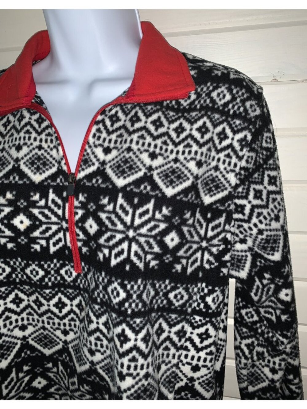 LANDS END Sz SMALL (6-8) Black White Red Fair Isle 1/4 Zip Fleece Pullover EUC